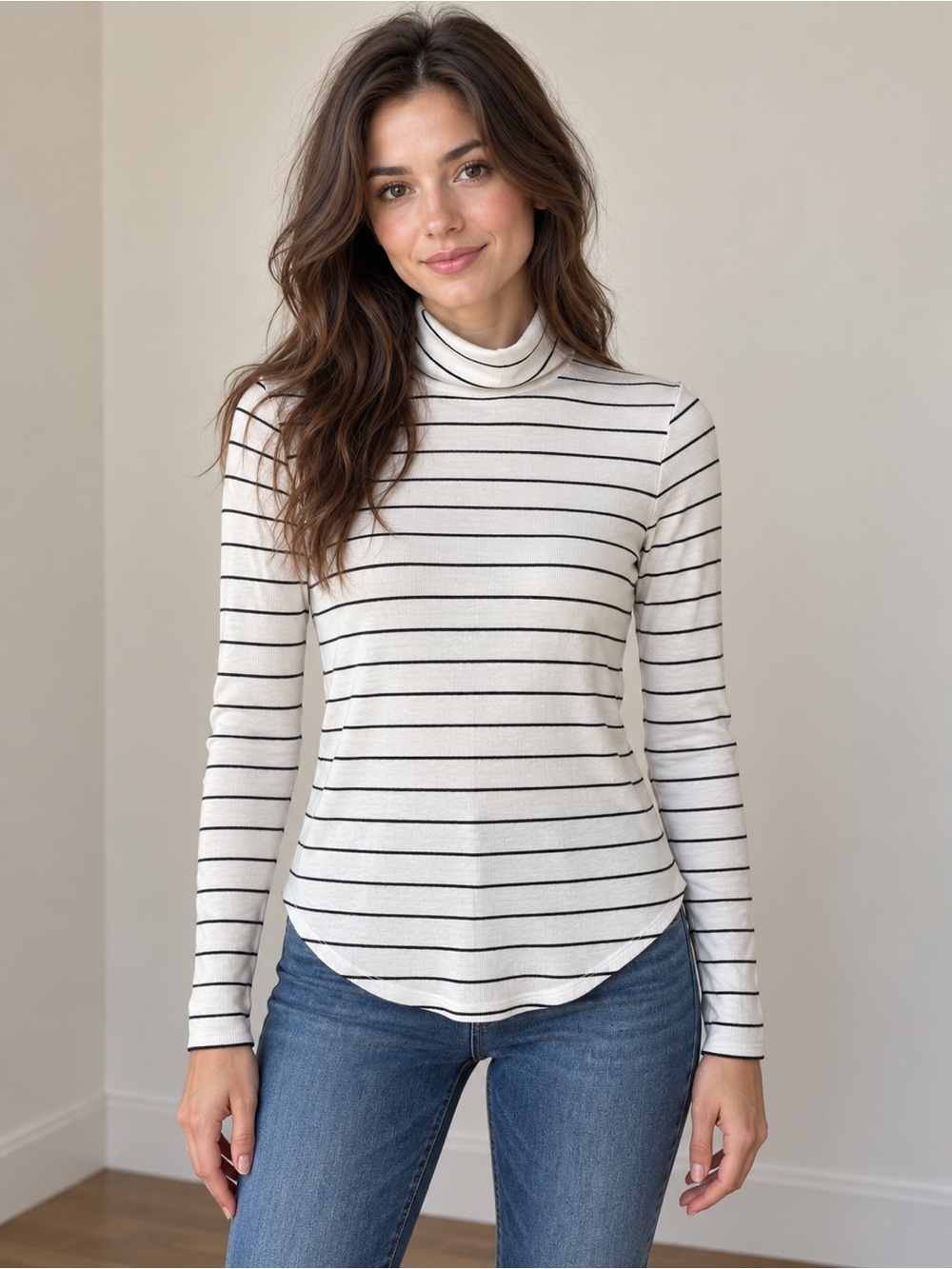 Gap Rib Mock Turtleneck Curved Hem Black Ivory Stripe XS Preppy Minimalist